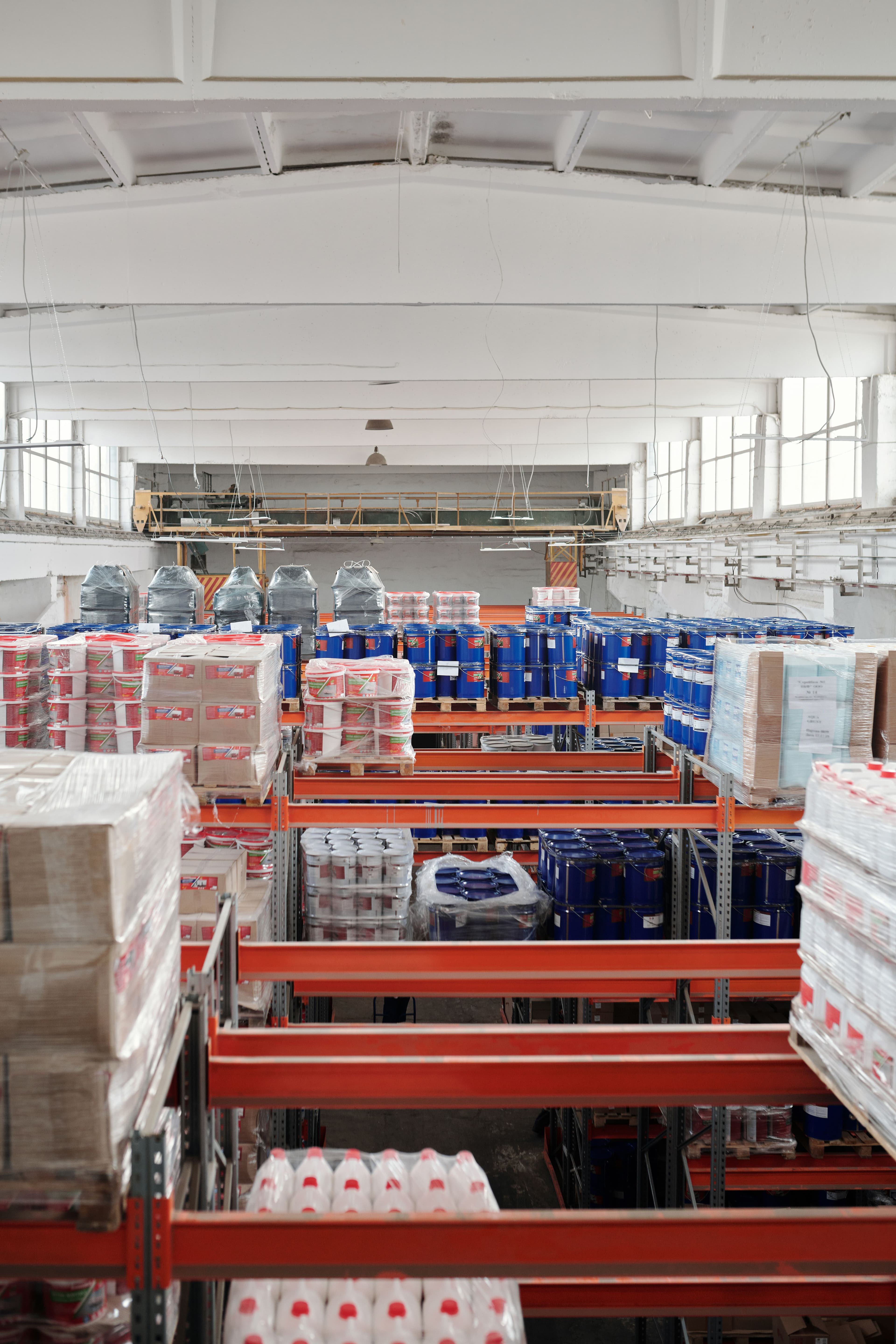 Industrial warehouse shelves with finished goods prepared for shipment